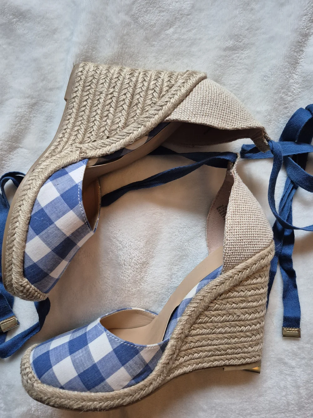 JustFab Blue and White Gingham Espadrille Wedge Sandals with Ankle Wraps